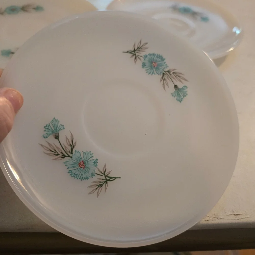 Vintage Fire-King Milk Glass Saucers Anniversary Blue Floral‎ Set of 3 USA Made